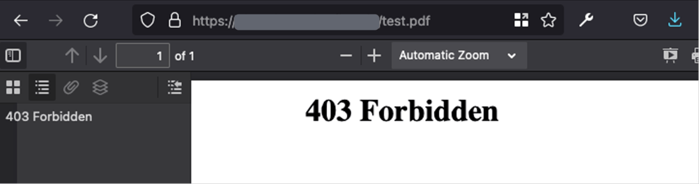 Image showing PDF rendered in the browser. A 403 response was typical for non-existing endpoints showing we could manipulate what was being transformed.