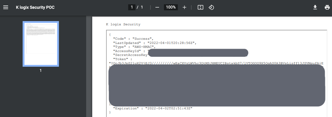 The final payload rendered in the browser successfully shows the cloud administrator key compromise.