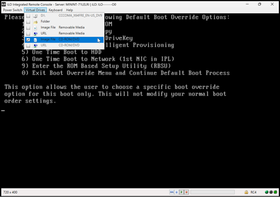 iLO Integrated Remote Console Virtual Drives menu with Image File CD-ROM/DVD selected to mount the Kali ISO