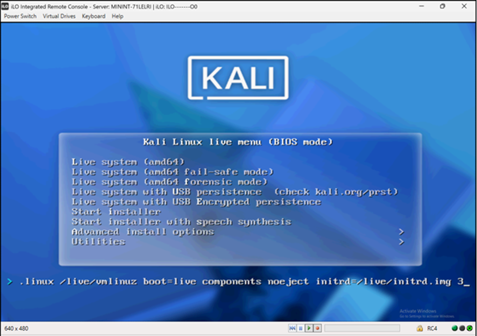 iLO Integrated Remote Console showing the Kali Linux live boot menu, with runlevel 3 appended to the boot command