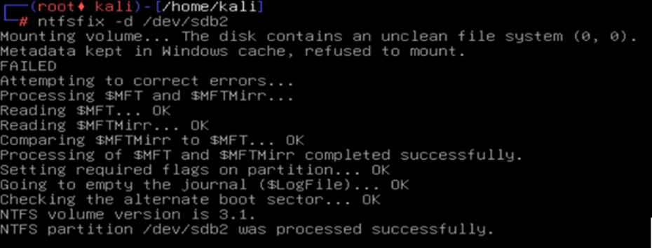 ntfsfix output successfully repairing the /dev/sdb2 NTFS partition