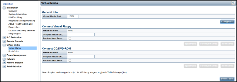HPE iLO 4 Virtual Media panel showing Scripted Media URL fields for Connect Virtual Floppy and Connect CD/DVD-ROM