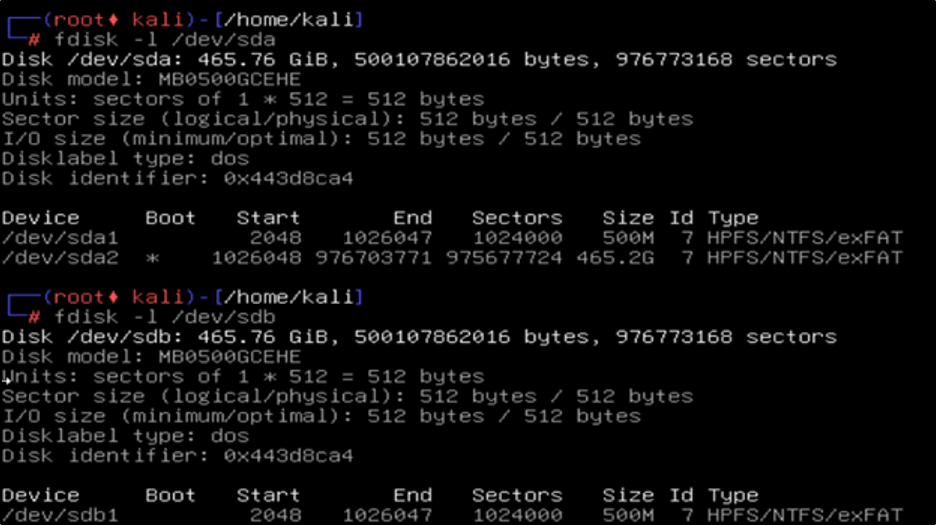 fdisk output showing /dev/sda and /dev/sdb as mirrored 465.76 GiB disks with NTFS partitions